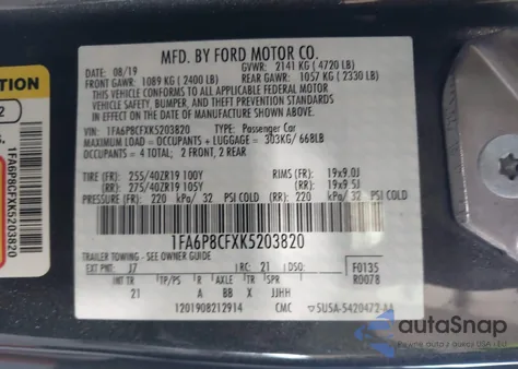 2019 Ford Mustang Gt z USA, uszkodzony, nr VIN 1FA6P8CFXK5203820